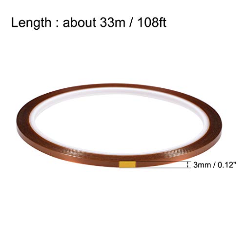uxcell Heat Resistant Tape - High Temperature Heat Transfer Tape Polyimide Film Adhesive Tape 3mm x 33m(108ft) 5Pcs