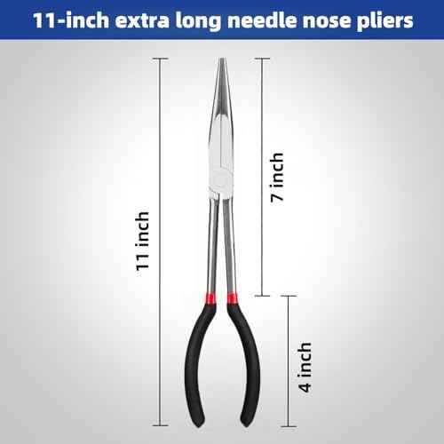 11-Inch Extra Long Needle Nose Pliers, Premium Heavy Duty Long Reach Needlenose Pliers, Non-Slip Grips, Ideal for Professionals Electrical and Hobbyists Alike