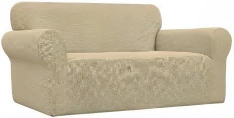 Easy-Going Stretch Loveseat Slipcover 1-Piece Sofa Cover Furniture Protector Couch Soft with Elastic Bottom for Kids Polyester Spandex Jacquard Fabric Small Checks (Loveseat, Beige)