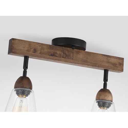 2-Light Rustic Farmhouse Glass Track Flush Mount Ceiling Light Fixture Mini Clear Seeded Glass Shade and Oak Wood Semi Flush Mount Ceiling Light for Kitchen Bedroom Hallway Entryway Sink