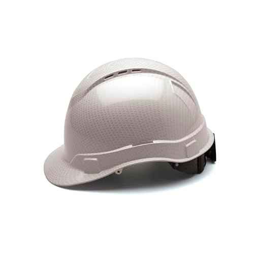 PYRAMEX Ridgeline Cap Style Hard Hat, Vented, 4-Point Ratchet Suspension, Shiny White Graphite Pattern