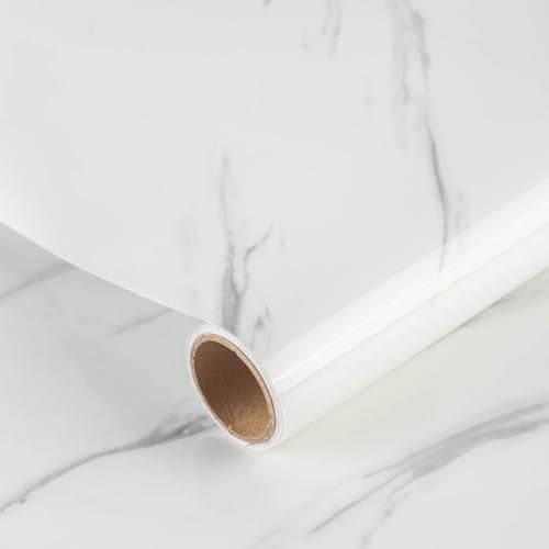 JSEVEM 16"¡¿118" Thick White and Grey Marble Wallpaper Peel Stick Waterproof White Gray Marble Contact Paper Vinyl Wrap Glossy Self Adhesive Granite Tile Sticker for Kitchen Cabinets Table Countertops