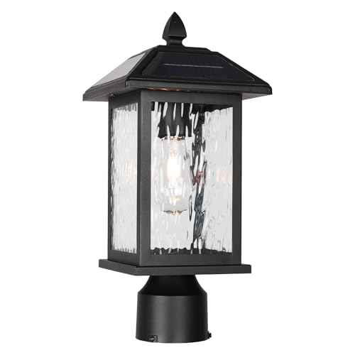 Solar Outdoor Post Light Fixture£¬Dusk to Dawn Modern Exterior Pillar Lantern with Black Finish & Water Ripple Glass£¬Waterproof Outside Pole Light for Garden, Backyard, Courtyard