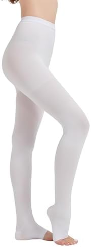 MGANG Medical Compression Pantyhose for Women & Men, 20-30mmHg Graduated Compression Support Tights, Open Toe, Opaque Waist High Compression Stockings for Edema, Varicose Veins, Flight, DVT, White M