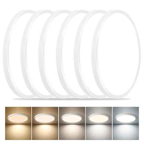 6PK Dimmable 12 Inch LED Flush Mount Ceiling Light, 24W, 2520LM, 2700K/3000K/4000K/5000K/6000K CCT Selectable, White Round Flat Panel Light Low Profile Ceiling Lamp for Bedroom/Kitchen/Living Room
