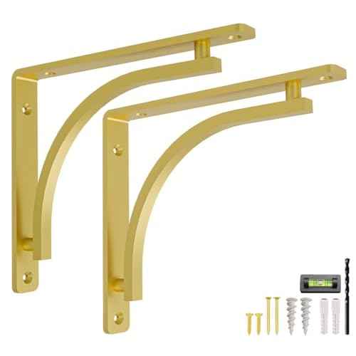 Classic Brass Heavy Duty Shelf Brackets 12 inch by Balin Designs ? Gold L Bracket, Wall Mounted Support, Shelving Metal Bracket, Decorative Shelf Brackets, with Hardware Included, Set of 2