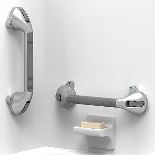 16.5inch Suction Bath Grab Bar with Indicators, Balance Assist Bathroom Shower Handle, Silver/Grey（Pack of 2）