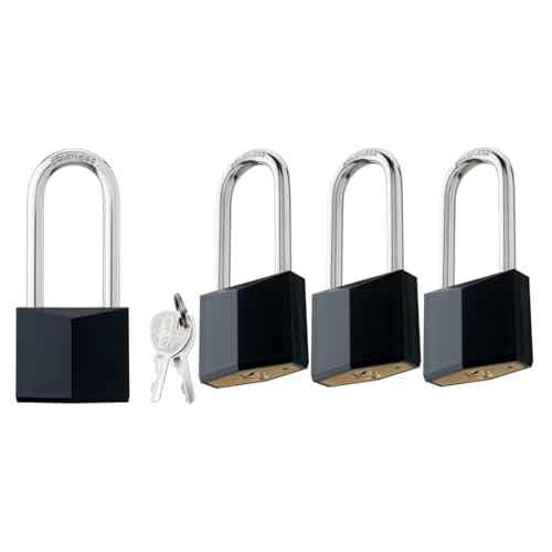 4-Pack Keyed Alike Locks, Black Covered Brass Keyed Padlock with Stainless Steel Long Shackle, 1-9/16 Inch Lock Body, Rustproof Locks for Gate Fence Hasp Cabinet Toolbox Gym or School Locker
