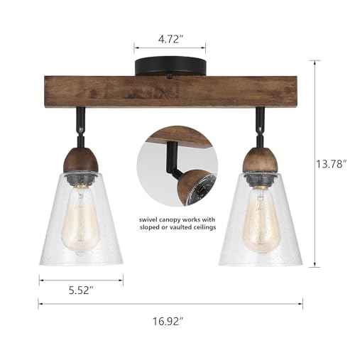 2-Light Rustic Farmhouse Glass Track Flush Mount Ceiling Light Fixture Mini Clear Seeded Glass Shade and Oak Wood Semi Flush Mount Ceiling Light for Kitchen Bedroom Hallway Entryway Sink