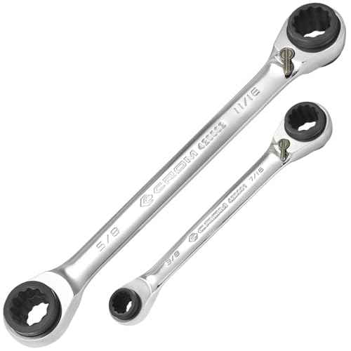 CROM 4-in-1 Reversible Ratcheting Wrench Set - 2 Piece, SAE, Double Box End Ratcheting Speed Wrench Set, 5/16¡±, 3/8¡±, 7/16¡±, 1/2", 9/16¡±, 5/8¡±, 11/16¡±, 3/4¡±, CR-V Steel, Mirror Polished (SAE 2 Piece)