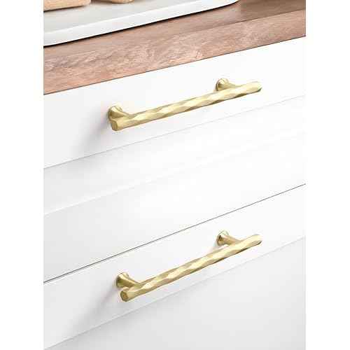 Brushed Gold Cabinet Pulls 6.3" Hole Center 10 Pack Hammered Brass Cabinet Handles Decorative Kitchen Drawer Dresser Cupboard Bathroom Vanity Cabinet Hardware Rhombus
