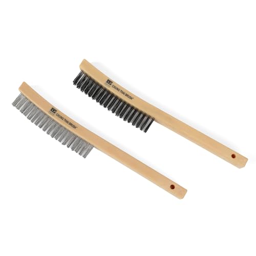 14¡± Wire Brush Set C80300 ? 2 Pack, Heavy-Duty 3-Row Carbon Steel & Stainless Steel Bristles, Long Plastic Handle, Rust & Paint Removal, Corrosion-Resistant, for Scrubbing, Detailing & Deep Cleaning