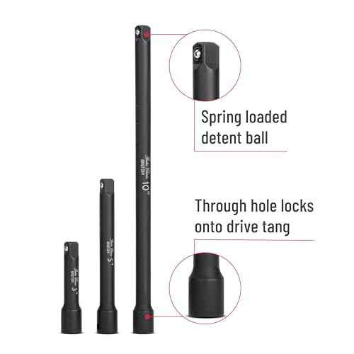 Bates- Impact Extension Bar Set, 3/8" Drive, 3 pcs, 3", 5", 10", 3/8 Ratchet Extension Bar