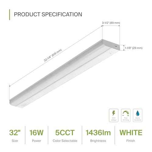 ASD 32 Inch LED Under Cabinet Lighting Hardwired, On/Off & Color Temp Switch, 16W 1436LM, 5CCT 2700K-5000K CRI90+, Dimmable Under Counter Lights for Kitchen, Under Cabinet Lights, White, UL