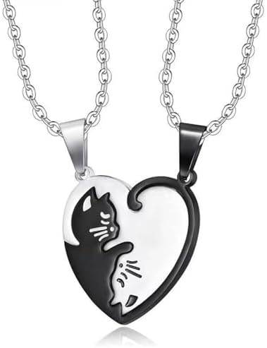 Cat Matching Necklaces, heart cat necklace,friendship necklace,couple necklaces, stainless steel necklace,bff necklace, birthday present, anniversary, Christmas Gift