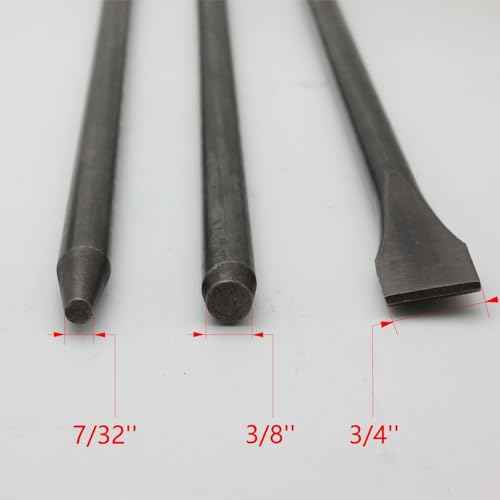 Air Hammer Bits 18''(450mm) Long 3-Piece Set, 3/4'' Air Chisel, 3/8'' Point Tip, 7/32'' Point Tip, 0.401" Shank, Air Hammer Attachments, 42Cr-Mo, HRC60, Rolled Rust-resistant Oil Treatment,Cold Chisel