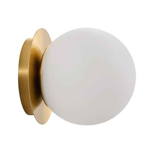 Modern Glass Globe Wall Sconce: Gold Spherical Sconces Light - Small Brass Vanity Single Ball Lights Fixture - Contemporary Milk Glass Wall Mounted Lamp for Bedroom Bathroom Hallway Bulb Not Included