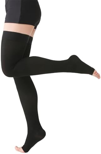 MGANG Medical Thigh High Compression Stockings for Men & Women, Pair, Open Toe, 15-20 mmHg Graduated Compression Support Hose, Opaque, Best for Varicose Veins, Edema, Flight, DVT, Swelling, Black M