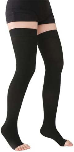 MGANG Medical Thigh High Compression Stockings for Men & Women, Pair, Open Toe, 15-20 mmHg Graduated Compression Support Hose, Opaque, Best for Varicose Veins, Edema, Flight, DVT, Swelling, Black S