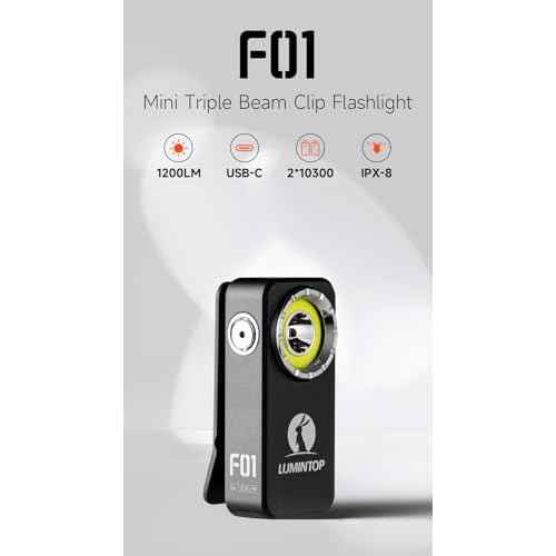 F01 Compact Triple Light Source Clip-on Flashlight, 1200 Lumens with Flood, Spot, and Red Light, USB-C Rechargeable, IPX8 Waterproof