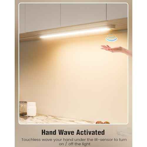 MYPLUS 2Pcs 24 Inch Under Cabinet Lights with Hand Wave, Under Counter Lighting 4000K Natural White,Dimmable,Plug and Play,LED Lights for Kitchen Cabinet, Cupboard, Closet, Desk