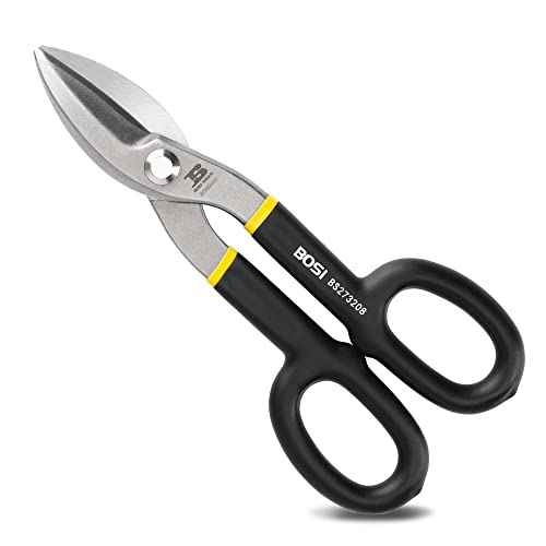 8 Inch Straight Pattern Tin Snips Metal Cutters, High Strength Forged and Heat Treated Carbon Steel with Comfortable Black Rubber Handle