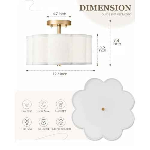 Gold Semi Flush Mount Ceiling Light, 3-Light 12.5" Ceiling Lighting Fixtures with Fabric Shade in Flower Shape, Farmhouse Brass Drum Lights for Nursery Hallway Bedroom, AD-22007-3SF-GD