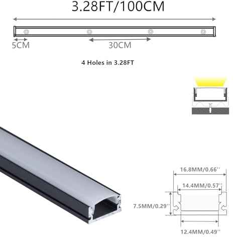 20-Pack 3.28FT Pre-Drilled Countersunk Hole LED Strip U Channel Diffuser, Matte Black Flush Mounted Under Cabinet Tape Light Aluminum Low Profile with Milky Cover (20, 3.28FT)