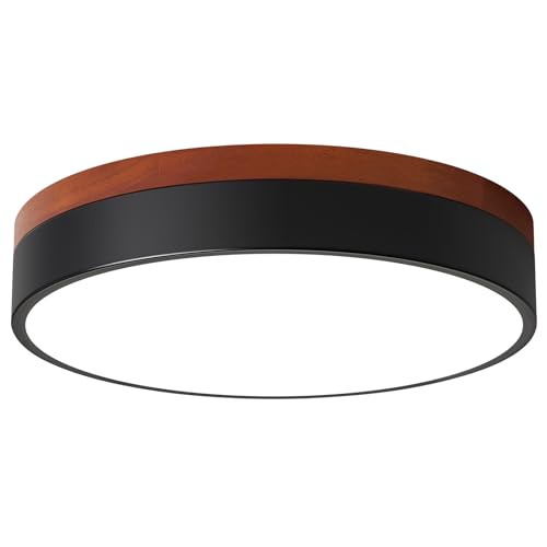LED Ceiling Light Dimmable, Black and Wood Flush Mount Ceiling Light Fixture 5CCT in One, Minimalist Round Ceiling Lamp Modern Lighting for Kitchen, Bedroom, Hallway, Laundry Room, 11.8 Inch