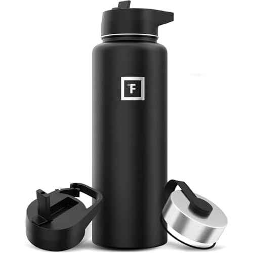 IRON ¡ÆFLASK Camping & Hiking Hydration Flask with 3 Lids - Stainless Steel, Double Walled & Vacuum Insulated Water Bottle - Leak Proof & BPA Free (Midnight Black, Straw - 40 oz)