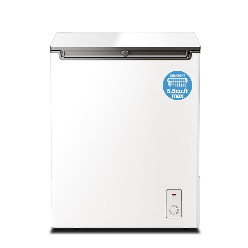 Cosanta 5.5 Cu.ft Chest Freezer, Top Door, Metal, Freestanding with Removable Basket, for Home Kitchen Office (BLACK, WHITE 5.5 Cu.ft)