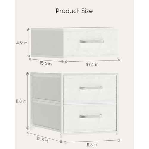 Stackable Storage Drawers - 2 Tier Closet Drawers, Closet Organizer with Metal Handles, Night Stand with Collapsible Bins, Fabric Dresser for Bedroom, Dorm, Office, White, 1 Pack