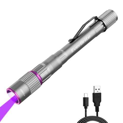 EverBrite Rechargeable Pen Flashlight with UV Light and White Light, 395nm Black Flashlight with Clip, Zoomable 4 Modes with Memory, USB C Cable, for Camping, Emergency, Pet Urine Detection,Grey