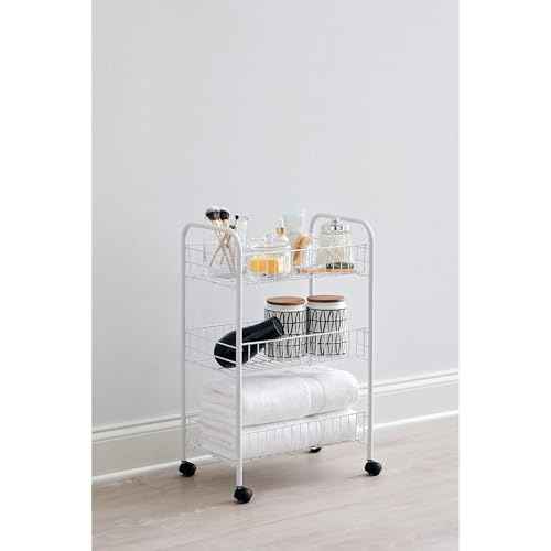 Rubbermaid 3-Tier Shelving Wheeled Organizer, Wire Adjustable Metal Storage Cart, for Office/Kitchen/Bedroom/Laundry Home Use, White