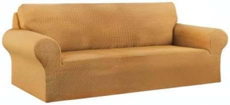 KEKUOU Stretch Oversized Sofa Slipcover 1 Piece Couch Sofa Cover (94"-110") Furniture Protector 4 Seater Sofa with Elastic Bottom for Kids,Pet.Jacquard Checked Pattern Fabric(X Large,Golden)
