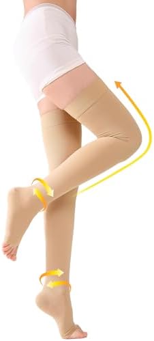 TOFLY® Thigh High Compression Socks for Women & Men (Pair), Open Toe, Opaque, Firm Support 30-40mmHg Graduated Compression Hose, Medical Compression Stockings for Varicose Veins, Edema, DVT,Beige L