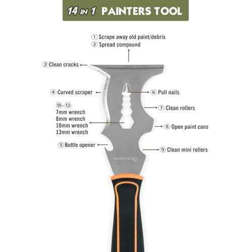 ROLLINGDOG 14-IN-1 Painter's Tool, Stainless Paint Scraper, Paint Roller Cleaner, Putty Knife, Multi-Use Painters Tool