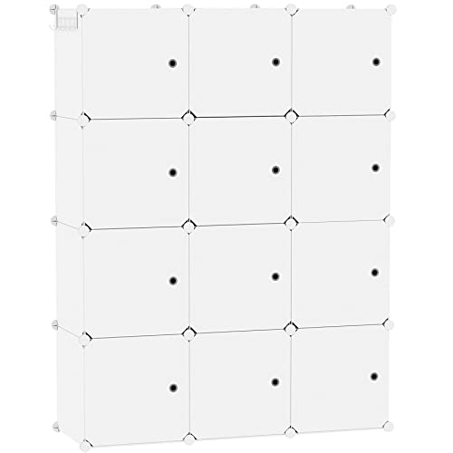 C&AHOME Cube Storage Organizer with Doors, 12-Cube Shelves, Closet Cabinet, DIY Plastic Modular Bookshelf Ideal for Bedroom, Living Room, 36.6¡±L x 12.4¡±W x 48.4¡±H Milky USHS3012M-DOOR