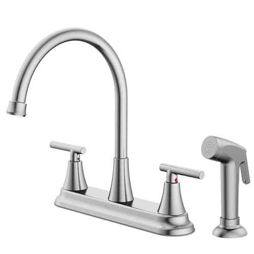 HURRAN 2-Handle Kitchen Faucet with Pull-Out Side Sprayer, 8 Inch High Arch Stainless Steel 360¡ÆRotating Kitchen Sink Faucet, 4 Hole Faucet for Kitchen Bar Rv Camper, Nickel