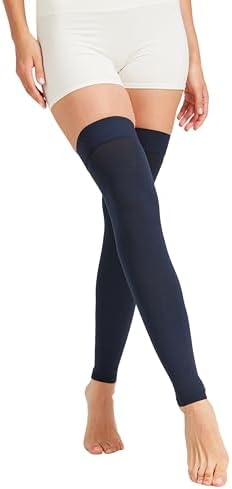 MGANG 15-20 mmHg Compression Stockings for Women & Men, Thigh High Medical Footless Graduated Compression Sleeves with Silicone Dot Band, for Varicose Veins, Edema, Travel, Flight, Navy Blue M