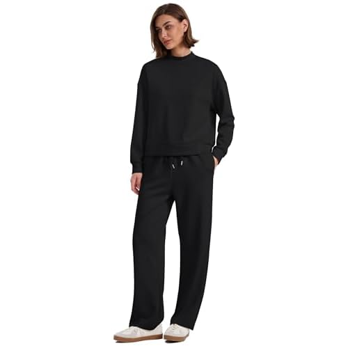 WIHOLL Two Piece Sets for Women Fall Outfits Lounge Sets Mock Neck Tops Wide Leg Pants Vacation Travel Airport Outfits