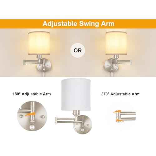 Plug in Wall Sconces with Remote Control, Dimming & Adjustable Colors 2700K-6500K, Hardwire or Plug-in, Swing Arm Wall Lamp with White Fabric Shade, Wall Sconces Set of Two, Brushed Nickel Finish