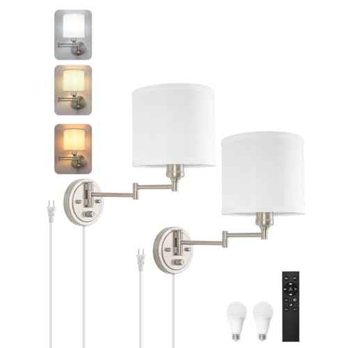 Plug in Wall Sconces with Remote Control, Dimming & Adjustable Colors 2700K-6500K, Hardwire or Plug-in, Swing Arm Wall Lamp with White Fabric Shade, Wall Sconces Set of Two, Brushed Nickel Finish