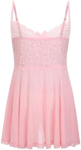 ABAFIP Men's Sissy Lingerie Crossdressing Nightwear Sheer Lace Mesh Nightdress Ruffle V-Neck Nightgown