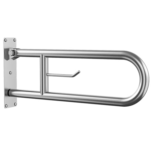 23.6 Inch Foldable Toilet Grab Bars, Bathroom Stainless Steel Handrails with Paper Holder, Handicapped Flip-Up Handles, Senior Safety Rails, Wall Mounted Hand Grips, for Elderly, Disabled, Pregnant