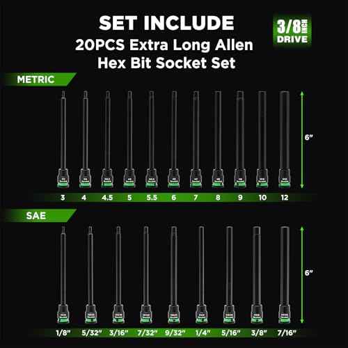 3/8" Drive Long Impact Hex Bit Socket Set, Allen Bit Sockets, 20PCS Allen Wrench Socket, SAE (1/8"-7/16¡±) and Metric (3MM-12MM), 6" Long CR-V & S2 Alloy Steel Hex Key Set