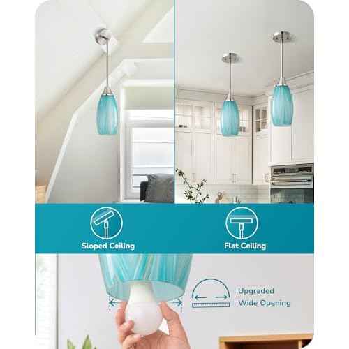 EDISHINE Pendant Lights Kitchen Island, Blue Handcrafted Art Glass Hanging Light, Blown Glass Pendant Light Fixtures Teal with Gold, Adjustable Brushed Nickel Rods, Hardwired Over Island Bar E26