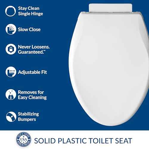 Mayfair Preston Easy to Clean Single Hinge Toilet Seat, Modern Slow Close Plastic Toilet Seat, Made in USA, Elongated, White