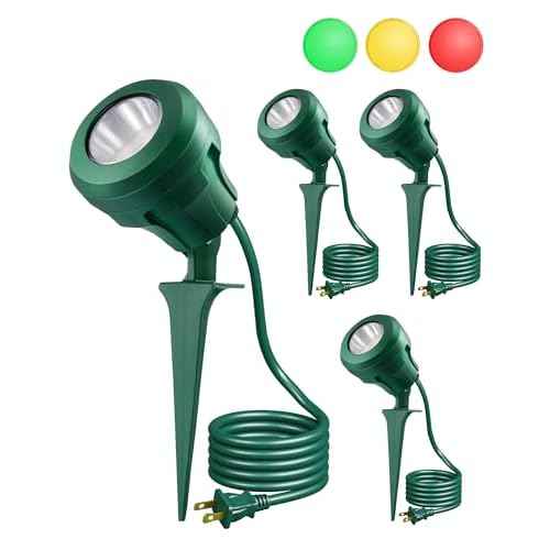 EDISHINE Christmas 120V Outdoor LED Spotlights, 4.8W Plug in Spotlight with 3 Lenses (Red Green Yellow) & 180¡Æ Rotatable Lamphead, 5000K Waterproof Landscape Lights for Flag Garden, 4 Pack