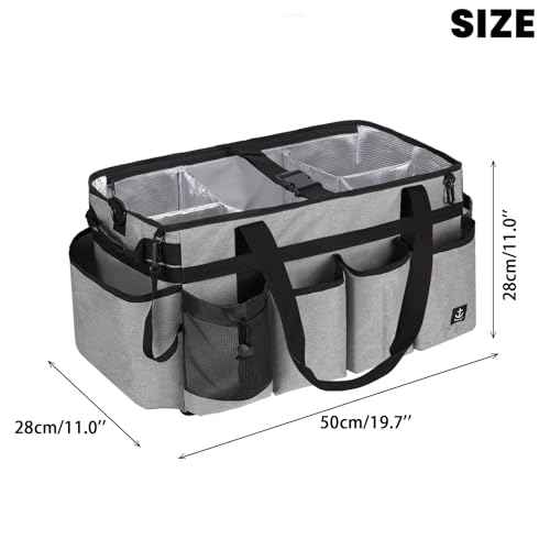 Extra large Cleaning Caddy Bag Built-in Sturdy Support Board, Cleaning Organizer with Detachable Divider, Cleaning Supply Tote with Adjustable Shoulder Strap (Grey, 19'' x 11'' x 11'')